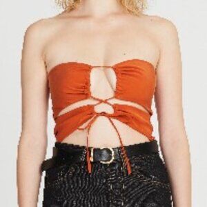Iamnotbasic Rowena top; brick, burnt orange; crop top, cutouts; viscose, polyest
